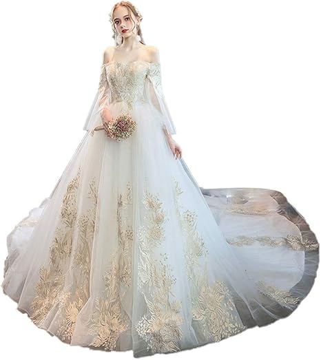 Amazon Co Jp レディースヴィンテージレースオフショルダーウェディングドレスチャペルブライダルチュールガウントレーリングスカート 神聖 色 白 サイズ S ホーム キッチン