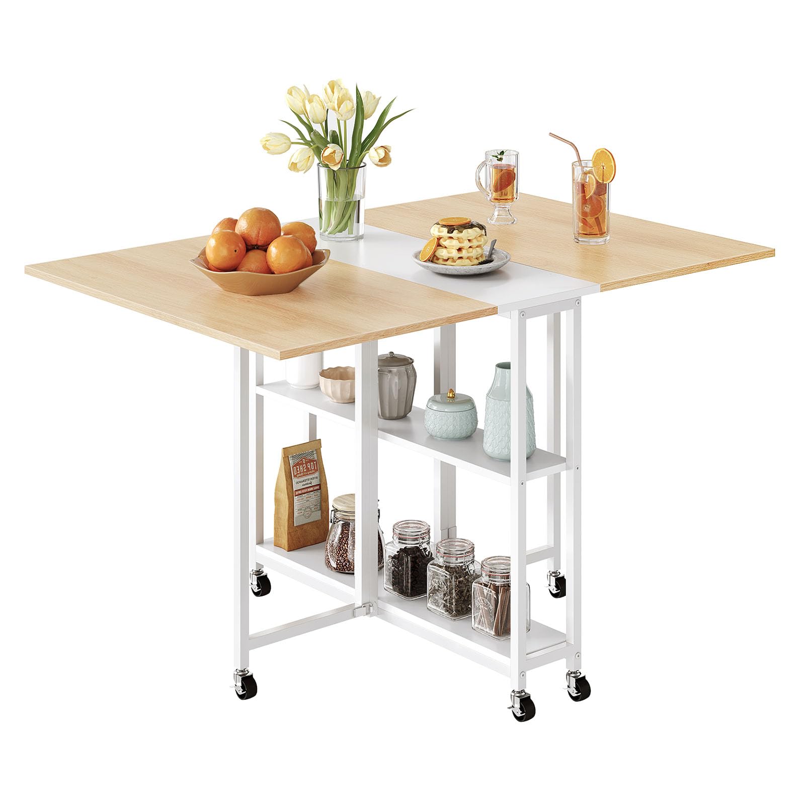 Photo 1 of CHOEZON Folding Dining Table, Movable Dining Table, Kitchen Table for Small Space, Foldable and Expandable Desk Furniture with 6 Wheels, for Dining, Living Room, Apartment, White and Natural TCZ01WN