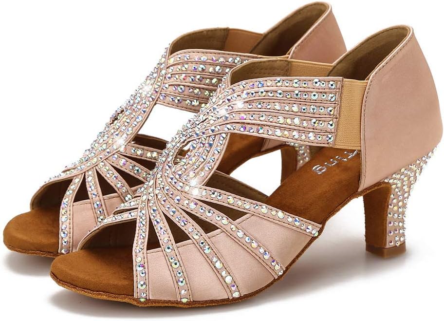 Full Rhinestones Ballroom Dance Shoes Women Latin Salsa Practice Wedding Indoor Crystals Footwear 2.5in Heels YT06