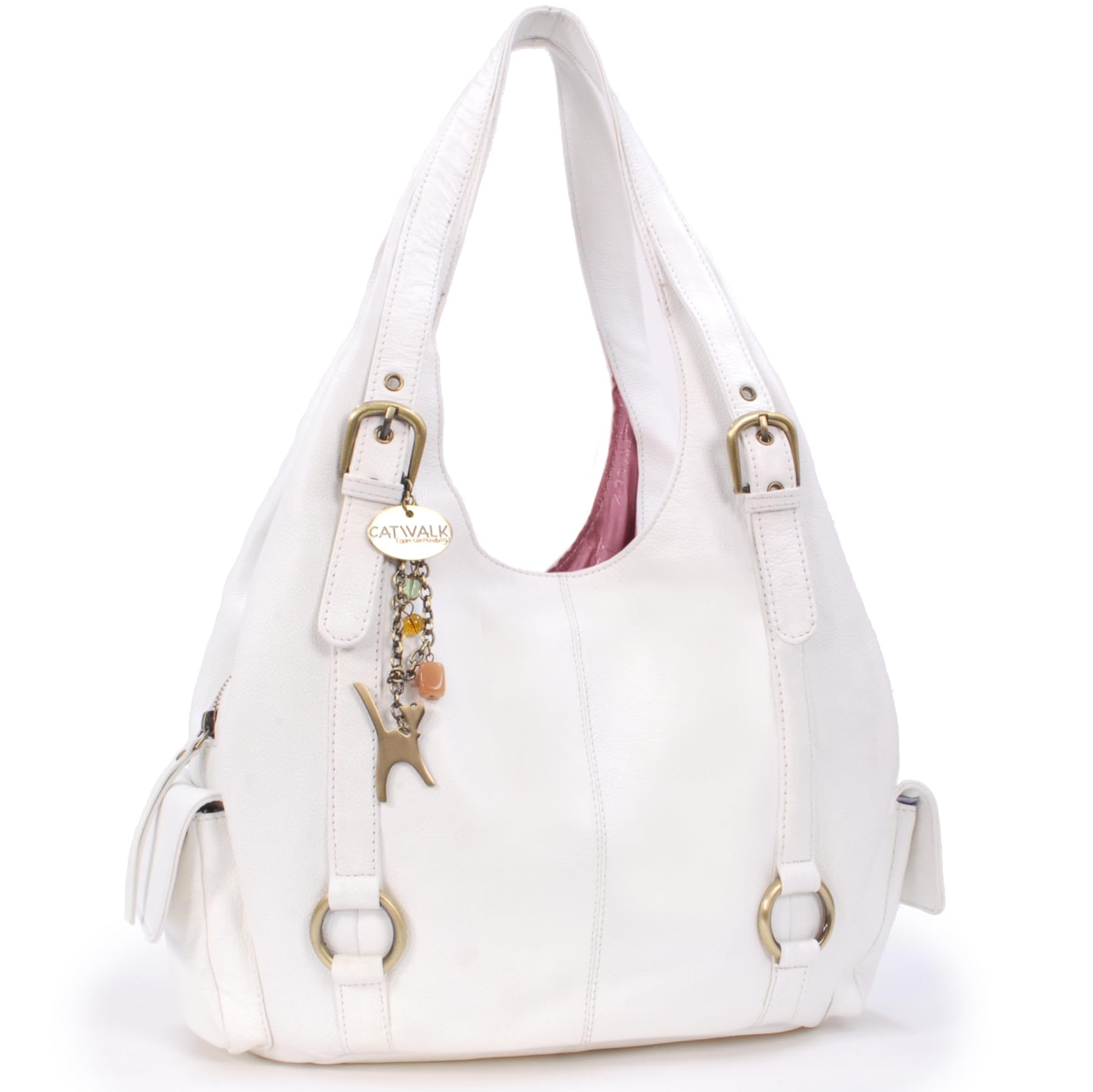 Catwalk Collection Handbags - Women's Large Leather Shoulder Bag - Hobo Tote Bag With Zip - Handbag With Multiple Compartments - Alex - White