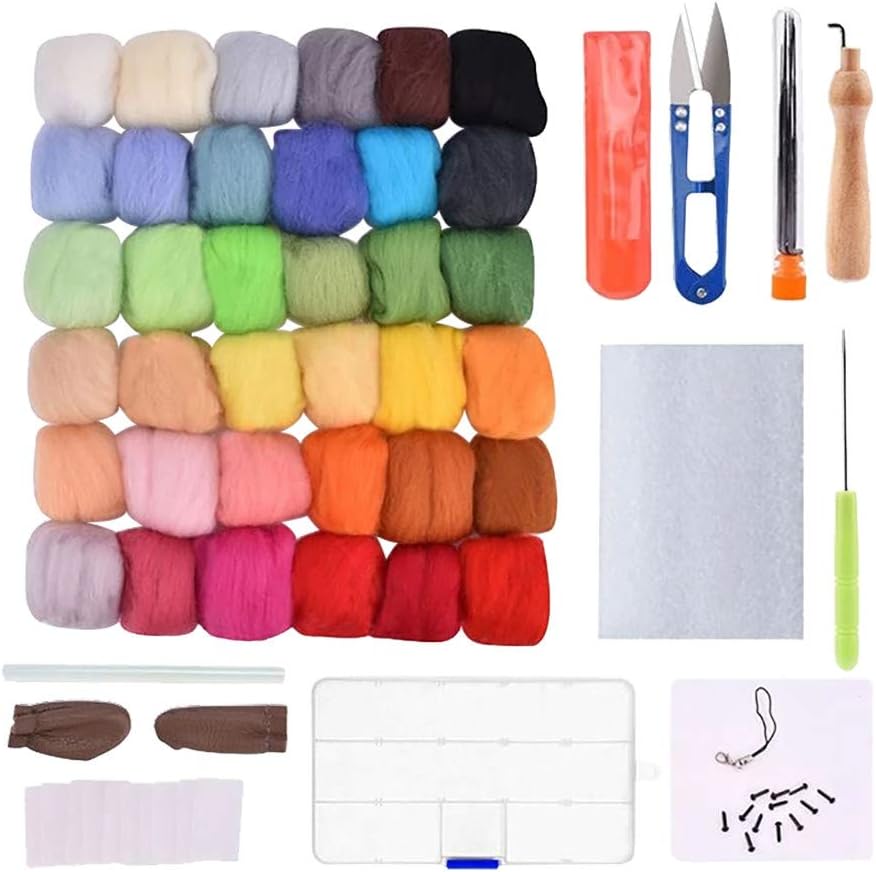 Hopeg Needle Felting Kit,Wool Fiber 24/36/40/50 Colors Set, Wool Felt Tools with Felting Tool Instruction Included for Making Jewellery, Mat, Rug, Keyring, Home Decor Item (D-24 Colors)