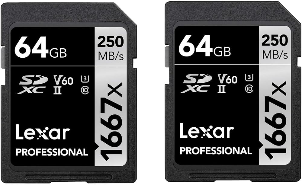 Lexar 1667x SD Card 64GB 2-Pack SDXC UHS-II 250MB/s Read 120MB/s Write U3 V60