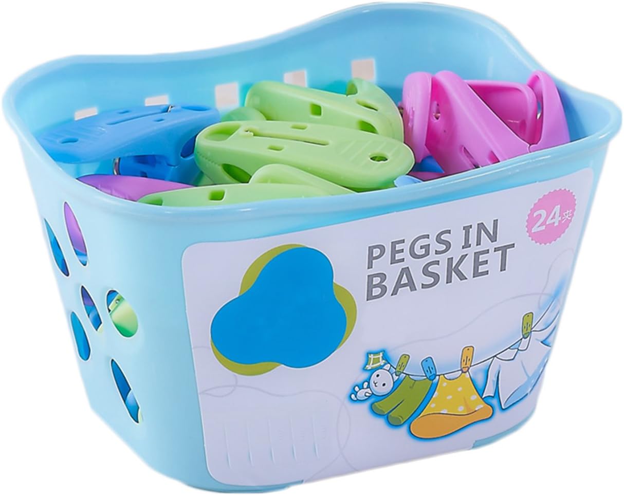 iSuperb 24 Pack Clothes Pins Pegs with Basket Assorted Colors Plastic Windproof Strong Durable Practical Clothespins for Clothesline (20Pcs Windproof Hangerhook)