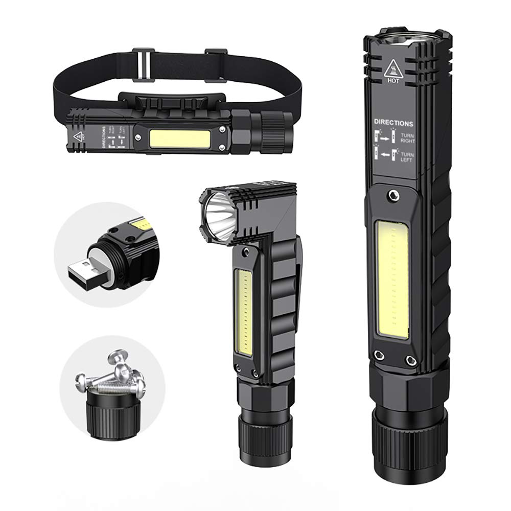 Portable 800 Lumens USB Rechargeable Tactical Flashlight, 90 Degree Rotate, Magnet Tail, IPX4 Waterproof Led Flashlight 5 Modes, COB Work Light for Camping, Outdoor, Reading