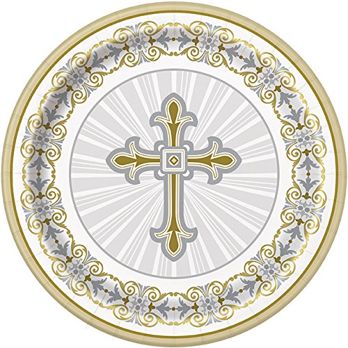 Radiant Cross Religious Celebration Party Tableware Plate and Napkin Set (Gold, Deluxe Party)