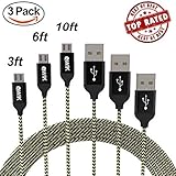3Pack 3FT 6FT 10FT Long Micro USB Cable, High Speed Nylon Braided Micro USB Fast Charging Cord & Data Transfer Android Charger for Samsung Galaxy S7/S6/S5/Edge,Note 5,HTC,LG(Black Gold)