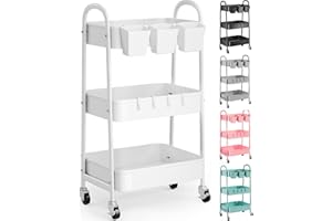 RECXIMI 3 Tier Heavy Duty White Metal Rolling Cart with Lockable Wheels, Three Tier Roller Book Snack Cart, Utility Storage Organizer Carts for Kitchen, Bathroom, Garage, Baby Diaper, Craft, Art, Teacher