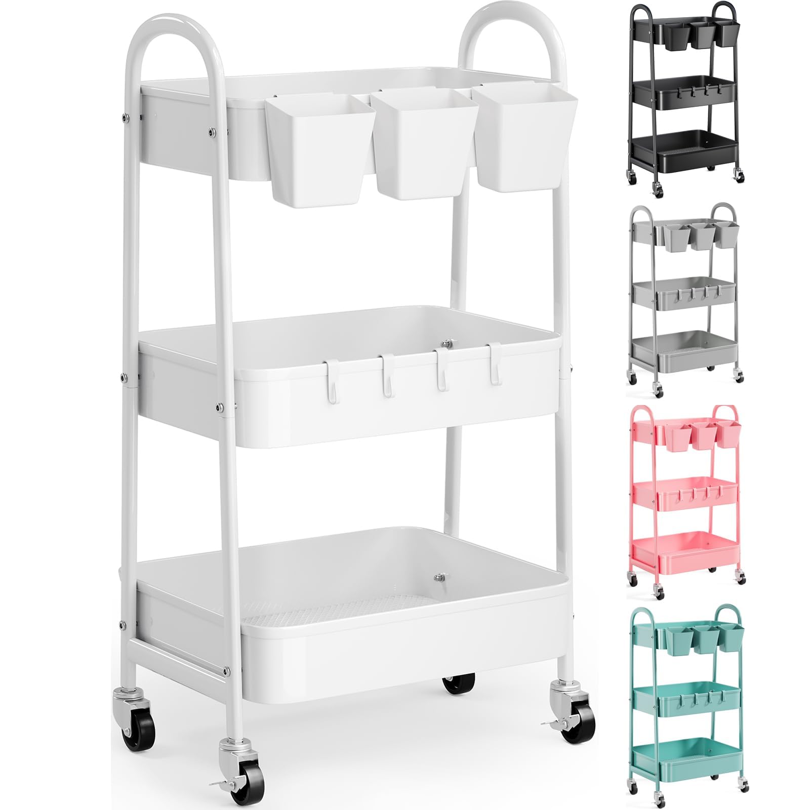 Photo 1 of 3 Tier Heavy Duty White Metal Rolling Cart with Lockable Wheels, Three Tier Roller Book Snack Cart, Utility Storage Organizer Carts for Kitchen, Bathroom, Garage, Baby Diaper, Craft, Art, Teacher