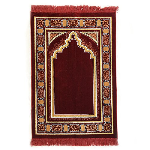 Double Turkish Islamic Prayer Rug Plush Velvet Janamaz Prayer Mat (Red