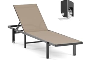Ciokea Aluminum Chaise Lounge Chair Outdoor with Wheels, Patio Lounge Chair with Adjustable 5-Position Recliner and Full Flat Tanning Chair for Patio, Beach, Pool, Khaki