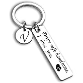 OUMILAN Drive Safe Handsome I Love You Keychain for Boyfriend﻿ | Stainless Steel Keychain with Engraved A-Z Initial Letter Pendant