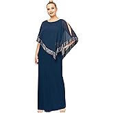 S.L. Fashions Women's Plus Size Long Cold Shoulder Capelet Dress with Metallic Trim