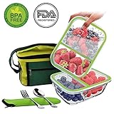 [2-Pack] Glass Meal Prep Containers, Reusable Food Storage Containers with Insulated Thermal Cooler Bag ( BPA Free, 2 Leakproof Compartments), Microwave/Freezer/Oven/Dishwasher Safe