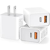 3 Pack USB C Wall Charger, 20W Durable Dual Port QC+PD 3.0 Power Adapter, Double Fast Plug Charging Block for iPhone 14/15/16/17 Pro/Pro Max/Plus, XS/XR/X, Watch Series 8/7 Cube，White