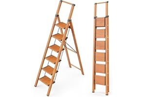 WOA WOA 6 Step Ladder, Folding Ladder with Handrails for High Ceilings, Indoor Tall Ladders with Wide Pedals, Lightweight Aluminum Stepladder for Home 300lbs - Wood Grain