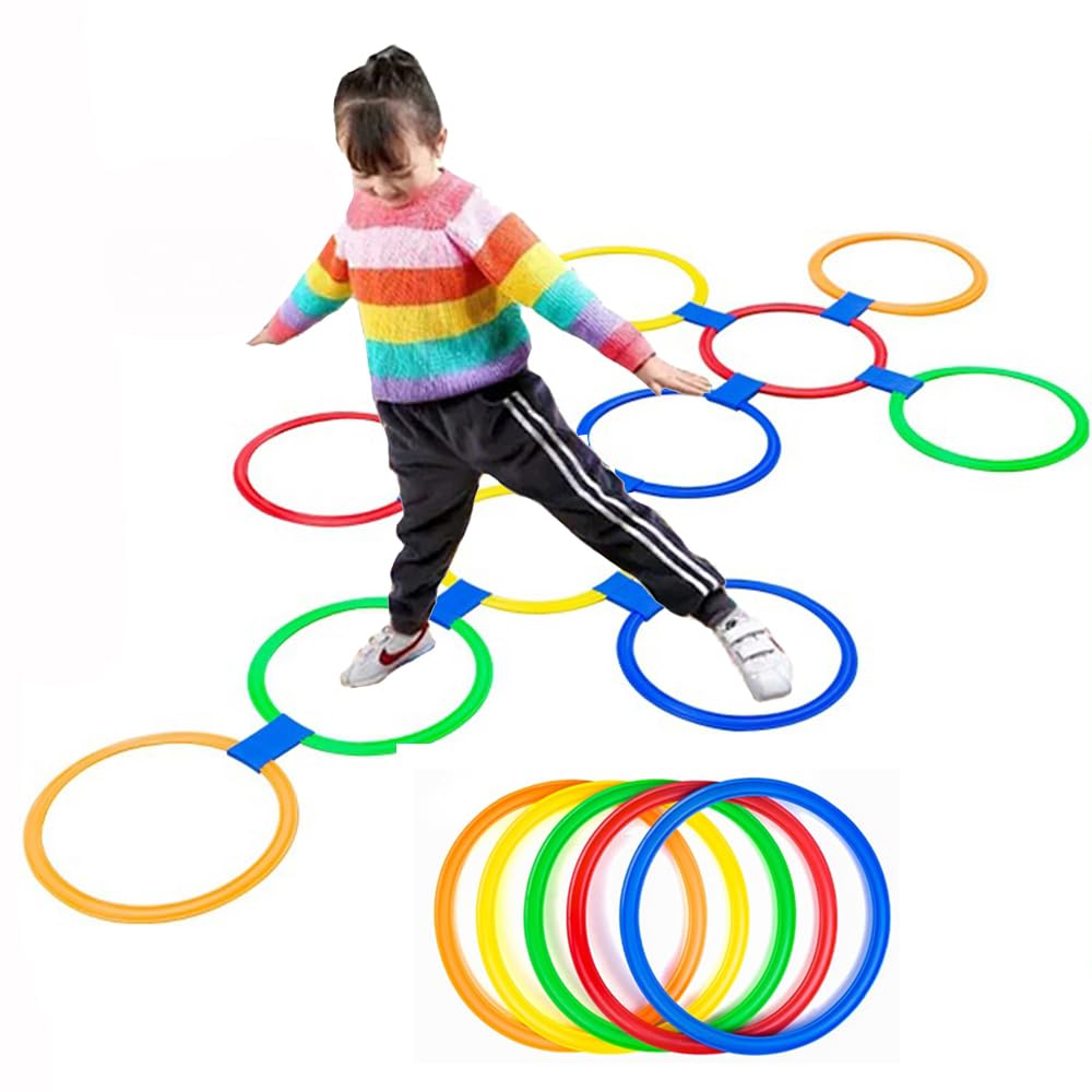 Photo 1 of AMYESE Hopscotch Rings- 11in Hopscotch Game Hoops Circles with 15 Connectors for Kids Balance Agility Training Obstacle Course, Children Birthday Fun Play Indoor Outdoor Backyard Playground Activity