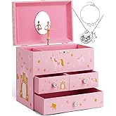 efubaby Musical Jewelry Box for Girls 8.07 x 5.12 x 6.14 with 3 Pullout Drawers Spinning Ballerina & Unicorn Jewelry Set, Music Boxes for Birthday Valentine Christmas Gift Waltz of Flowers Tune