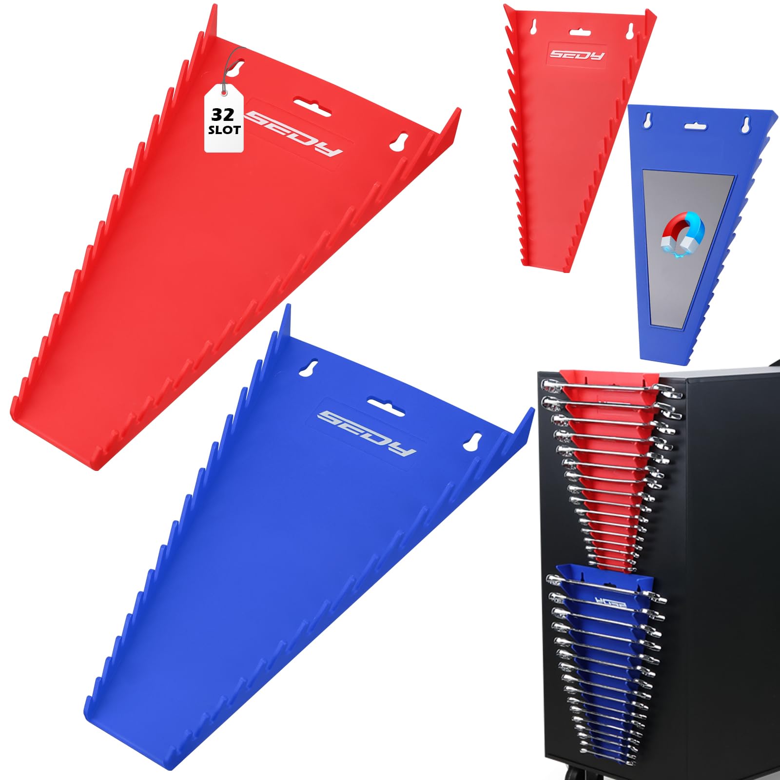 Photo 1 of 2-Pack Magnetic Wrench Organizer, 32-Slot Premium Wrench Rack Holder Tool Trays for Toolboxes Drawer Storage, SAE (1/4" - 1-1/16") & Metric (6mm - 24mm)