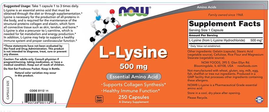 NOW L-lysine 500 mg, 250 Capsules: Health & Personal Care