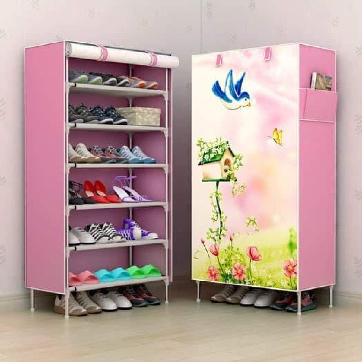 Aysis Multipurpose Portable Folding Shoe Racks for Home Organisers with Waterproof cover-6-Tiers- LoveBirdPink