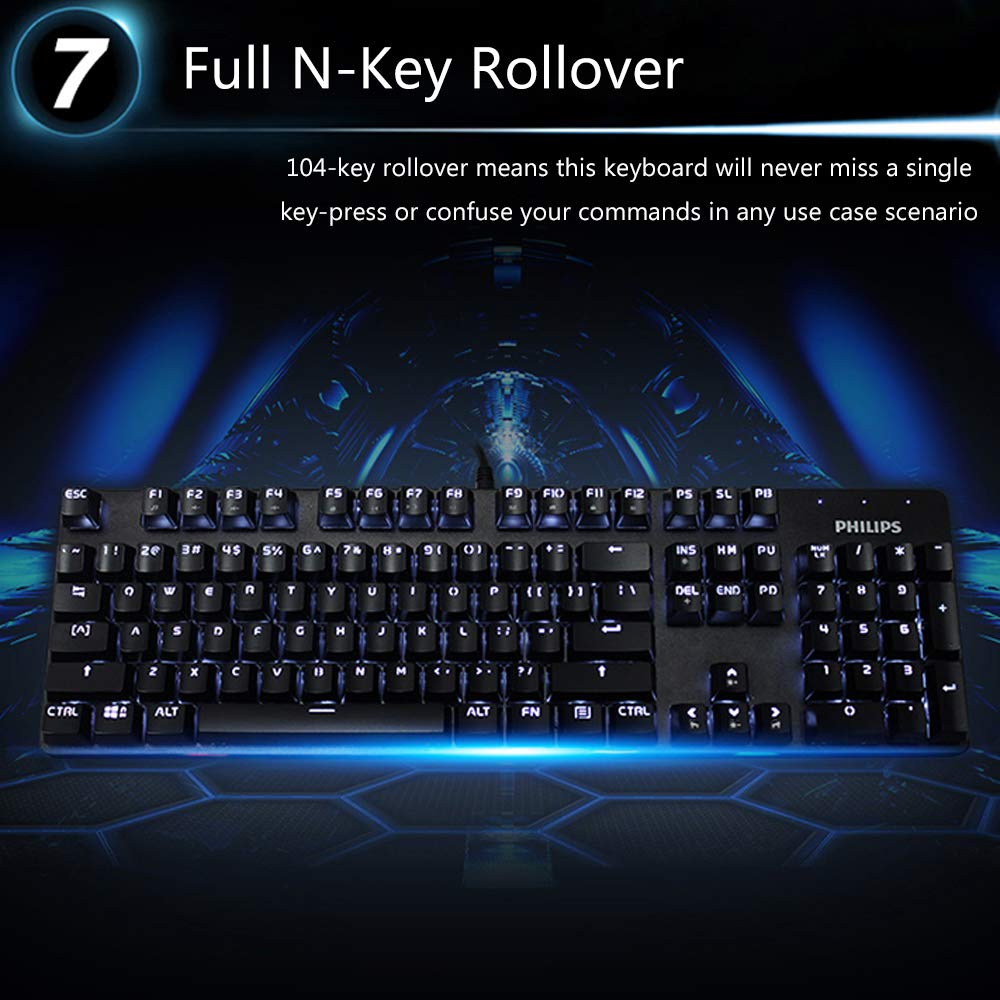 Philips Mechanical Gaming Keyboard Wired Ergonomic Keyboard with Blue Switch, LED Backlit, 9 Cool Switchable Light Effects, Aluminium Alloy Panel (Black)