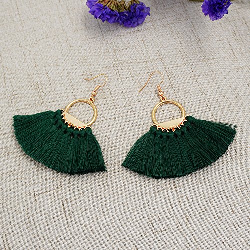 Suyi Women Tassel Earrings Bohemia Fan Shape Thread Tassel Statement Drop Dangle Earrings for Lady Dark Green - Thumbnail 4
