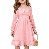 Haloumoning Girls Long Sleeve Dress Kids Ruffle Tiered Dress Swiss Dot Flowy A Line Dresses 5-14 Years