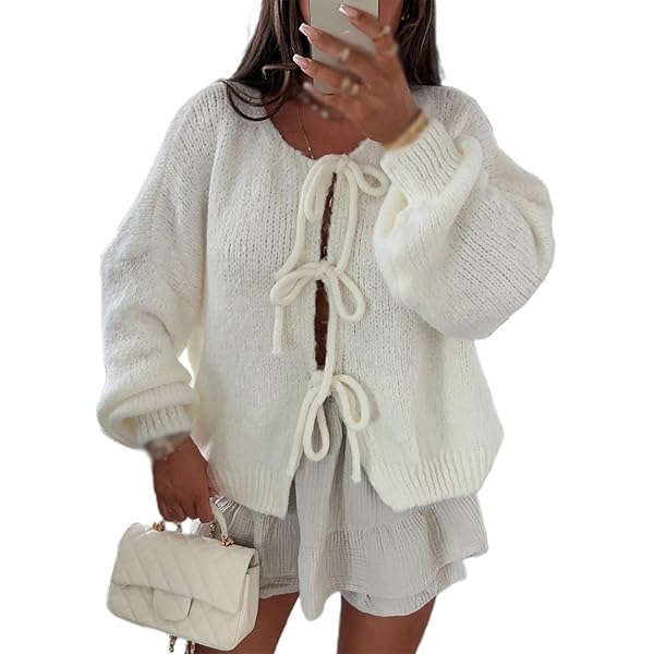 AUJUBUY Tie Front Cardigan Sweater Women's Y2K Loose V Neck
