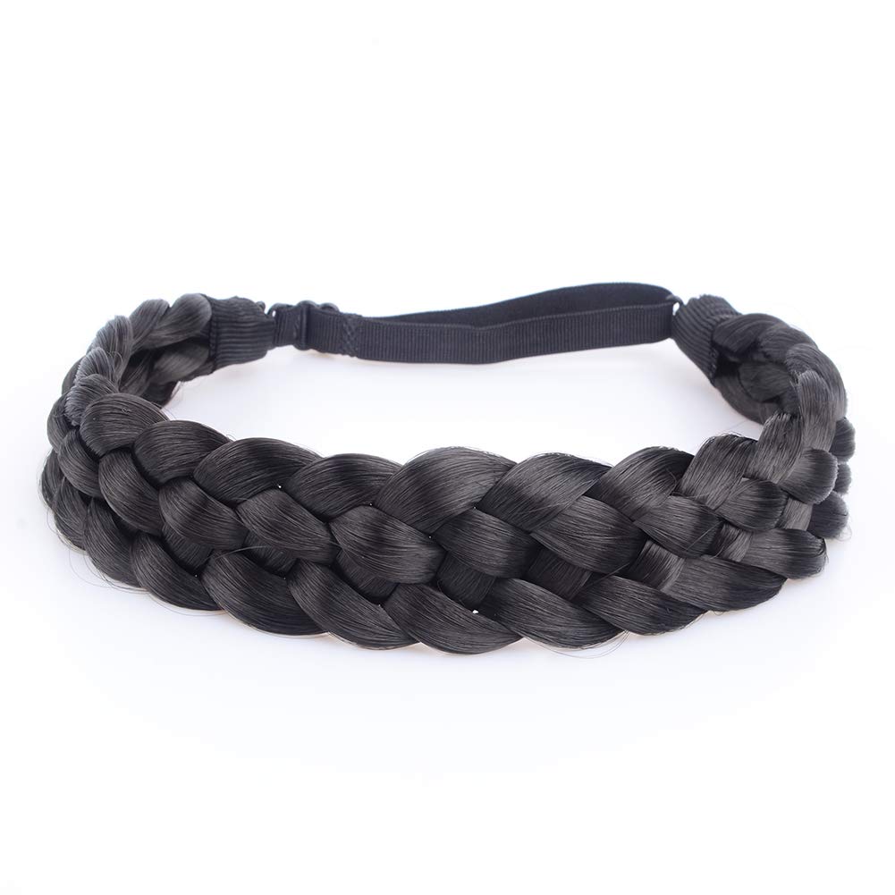 DIGUAN 5 Strands Synthetic Hair Braided Headband Classic Chunky Wide Plaited Braids Elastic Stretch Hairpiece Women Girl Beauty accessory, 56g (Natural Black)