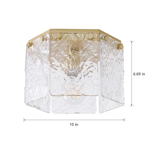 MWZ 1 PACK MODERN GOLD SEMI FLUSH MOUNT CEILING LIGHT FIXTURE WITH HAMMERED GLASS SHADE, 1-LIGHT 10” FARMHOUSE DIMMABLE FLUSH MOUNT LAMP WITH HEXAGONAL METAL CHASSIS FOR KITCHEN ISLAND LAUNDRY
