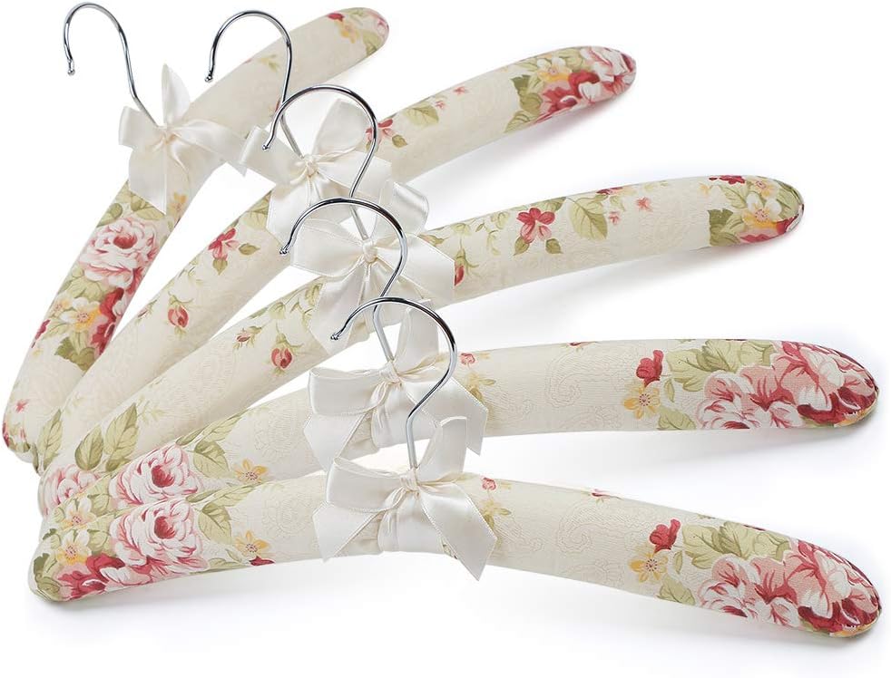 Thick Flowery Satin Non-Slip Padded Hangers, Calico Closet Hangers TP-05, Soft Satin Strong Wooden Skeleton Inside, No Scratch and Perfectly Protect Clothes,Coats,Dress etc, Set of 5