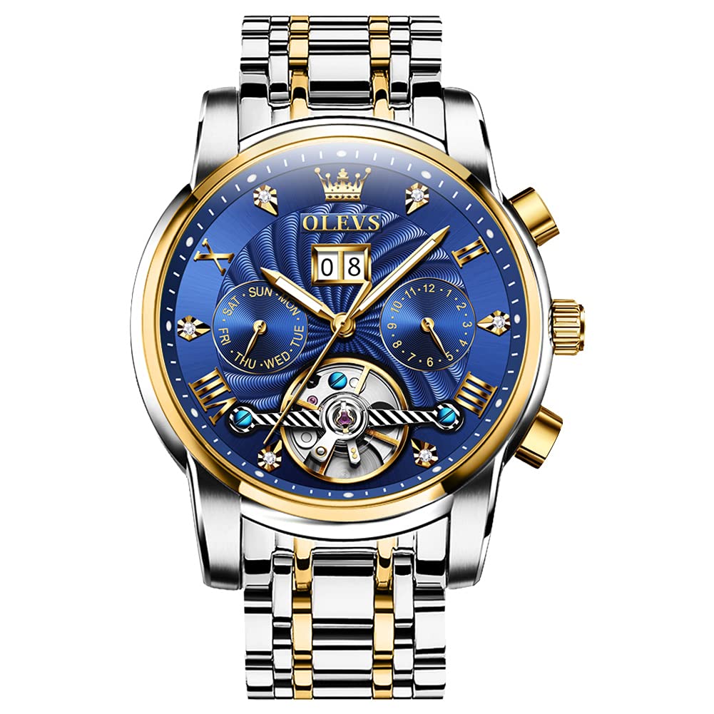 OLEVS Automatic Men Watch Blue Face Tourbillon Self Winding Mechanics Luxury Business Stainless Steel Strap Luminous Waterproof Wrist Watch