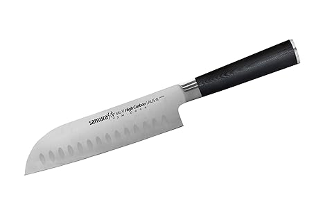 Samura MO-V Profi Santokumesser Ultra-scharf, groß, aus japanisch AUS 8 Edelstahl, 18 cm Klinge, mit G10 Handgriff aus Carbon