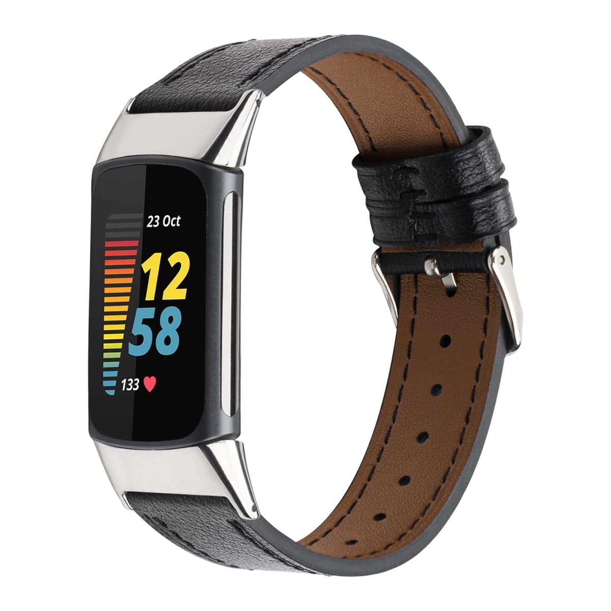 INF Genuine Leather Strap Compatible with Fitbit Charge 5 Watch Band, 18mm Quick Release Replacement Adjustable Business Sport Strap with Metal Buckle for Women Men (Black)