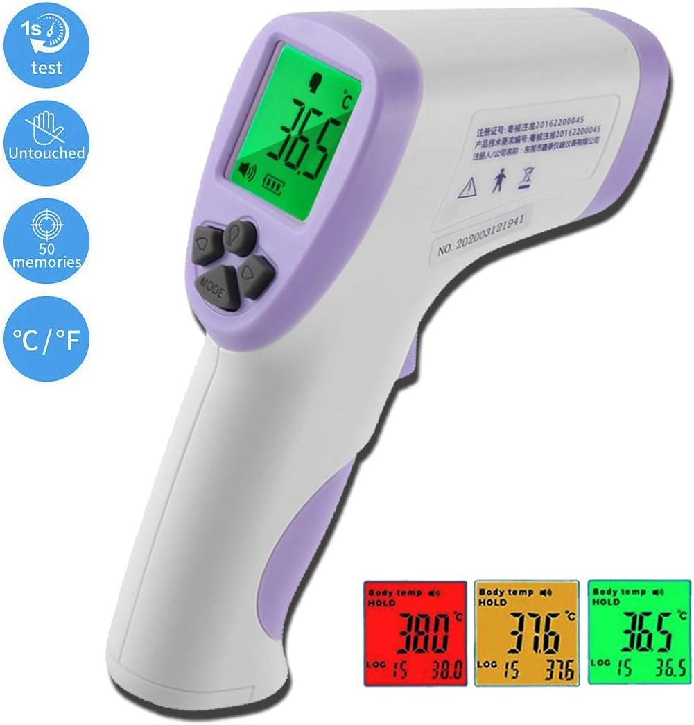 Medical Forehead Digital Thermometer ℃/℉,Toddlers and Adults,Non Contact Digital LCD Infrared Body, with Fever 3 Colors Backlight Indicator HT-820D