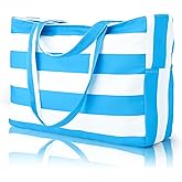 Iioscre Beach Bag for Women, Large Beach Tote Bag with Zipper Pockets, Waterproof Sandproof Swim Bag Pool Vacation Travel