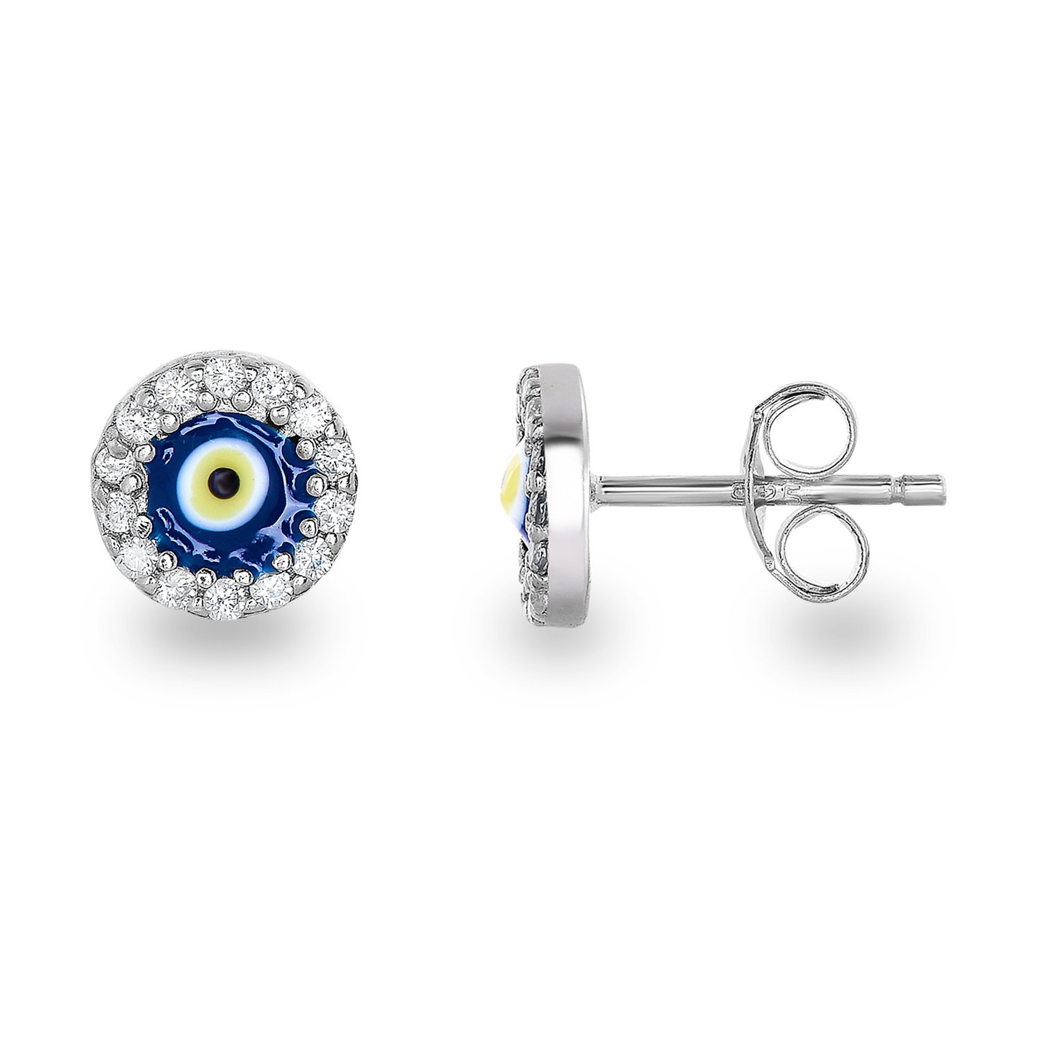 Rhodium-Plated Sterling Silver Cubic Zirconia with Resin Mini Round Shape Evil Eye Stud Earrings