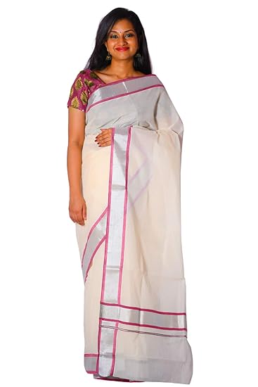 Kerala Silver Kasavu and Pink Colour Border Saree
