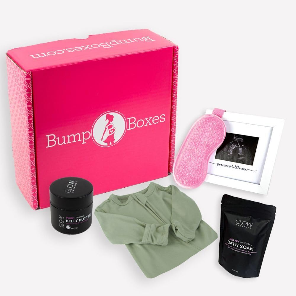 Bump Boxes 2nd Trimester Gift Set, Complete Pregnancy Care Package with Belly Butter, Bath Soak, Baby Footed Sleeper, Sonogram Frame and Eye Mask