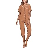 COLORFULLEAF 100% Cotton Women Pajama Short Sleeve Shrits With Capri Pants Pj Sets for Women Cotton Sleepwear