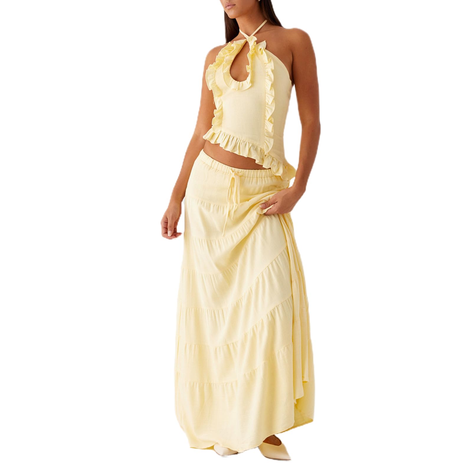 Photo 1 of Women Ruffle Maxi Skirt Set Halter Ruched Crop Top Flowy Long Skirt Y2K 2 Piece Outfts Going Out