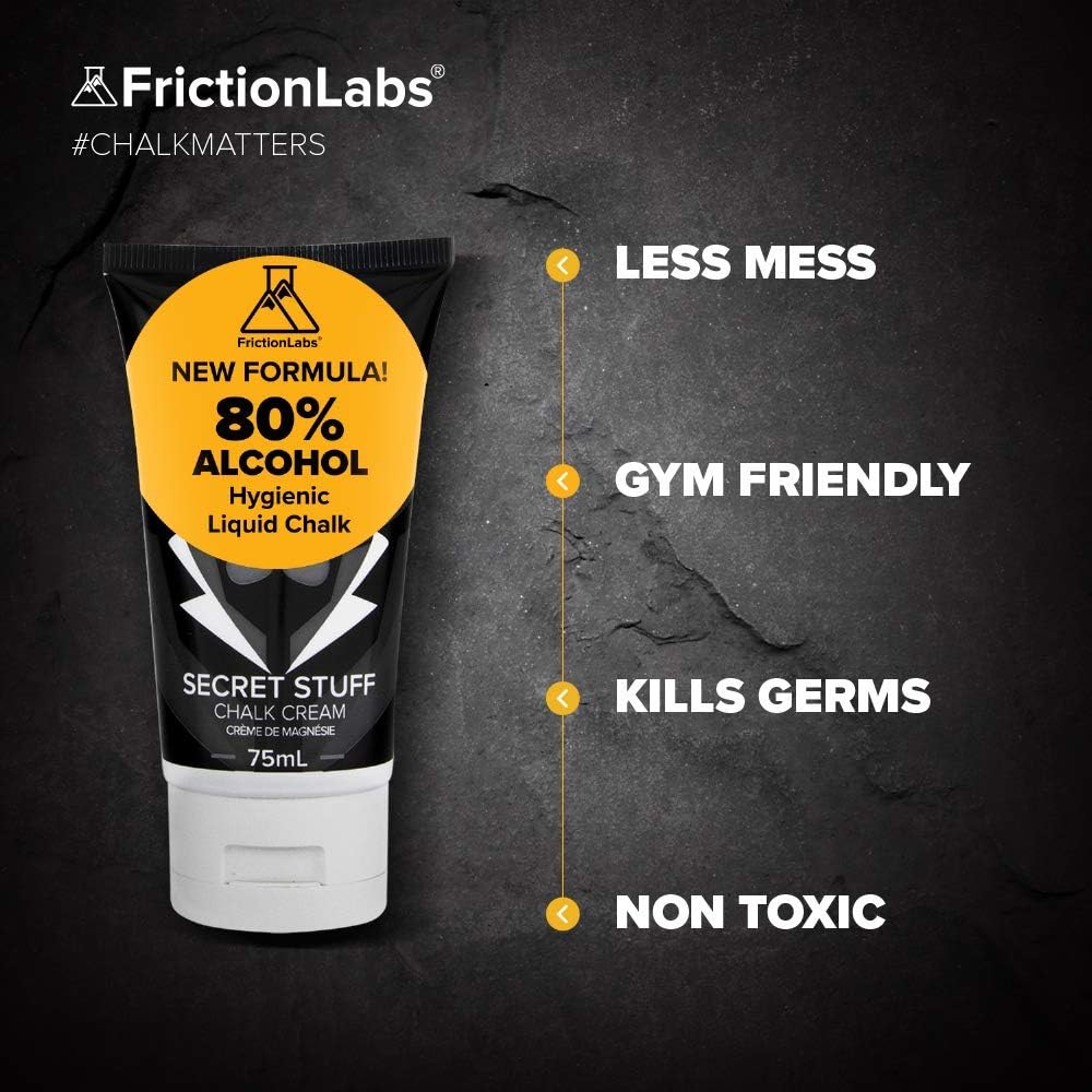 Friction Labs Secret Stuff Liquid Chalk, New Hygienic Formula - 80% Alcohol Sports Chalk Cream - Great Grip for Gymnastics, Rock Climbing, Sports, Lifting, Pull-Ups, Deadlifts, Kettlebells, Pole : Sports & Outdoors