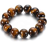 BIYONGDE Mens Tiger Eye Stone Beaded Bracelet, Large 14mm Natural Gemstone Beads Bracelet,Stretchable Chunky and Manly looking
