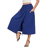 lionstill Women's High-Waisted Relaxed Fit Capri Culottes Flowy Palazzo Pants with Practical Pockets Skirt Pant, Navy Blue,L