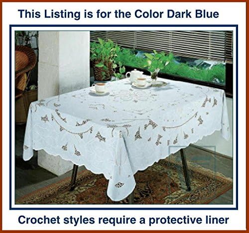 Early American design PVC CROCHET Vinyl Tablecloth, Elegant, easy-to-care for, light gauge vinyl. Machine washable. Dryer safe when you follow instructions included removes most wrinkles (Caroline patten) (52X62”-Dark Blue-Oblong)