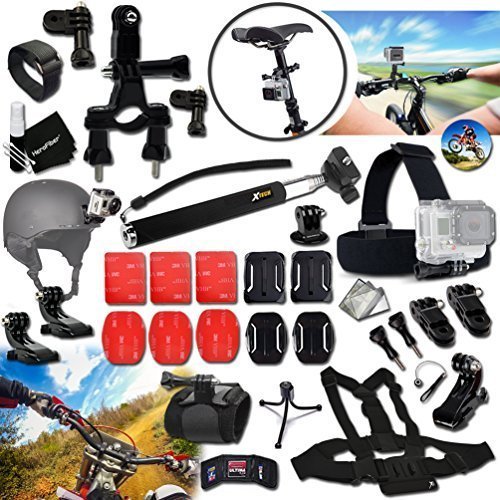 Xtech CYCLING ACCESSORIES Kit for GoPro Hero 4 3+ 3 2 1 Hero4 Hero3 Hero2, Hero 4 Silver, Hero 4 Black, Hero 3+ Hero3+ and for Bike riding, Biking, Cycling, Racing, Dirt Bikes, Dirt Track Racing, Motorcycle Racing, Rallying, Uni-Cycling and other Similar Sports Activities Includes: BIKE MOUNT + Helmet Harness Mount + Chest Strap Mount + Head Strap Mount + 2 J-Hooks + Camera Wrist Mount + Selfie Stick Monopod Pole + 3 Flat Adhesive Stickers + MORE