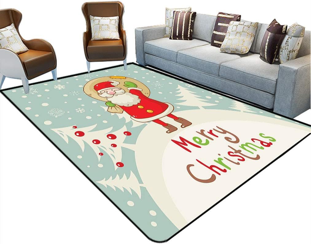 Santa Large Area Rugs, Merry Christmas Theme Cute Santa with a Sack of Presents on