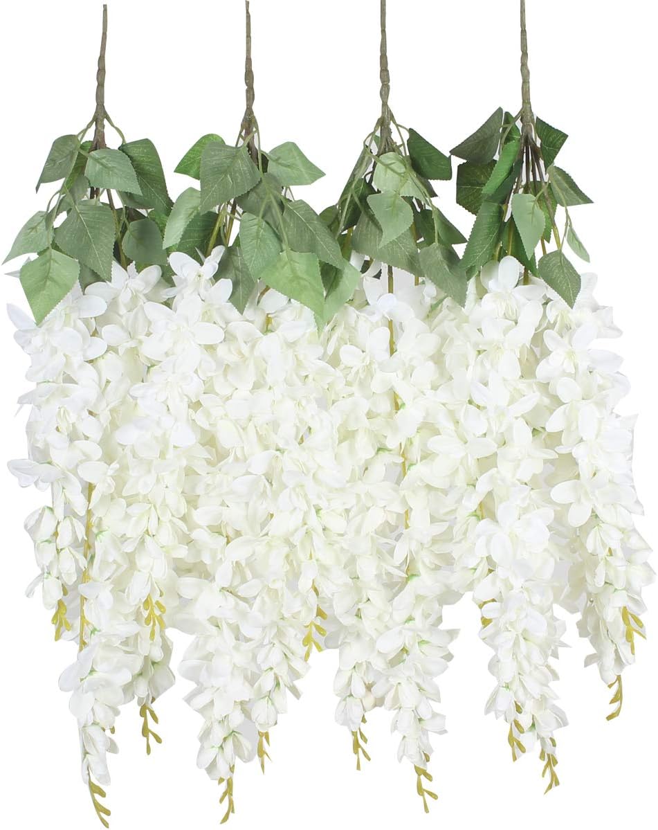 XIUER Silk Wisteria Flower Artificial 2.13 Feet Hanging Wisteria Vine Fake Flower Bush String Home Party Wedding Decoration Simulation Flower,Pack of 4 (White)