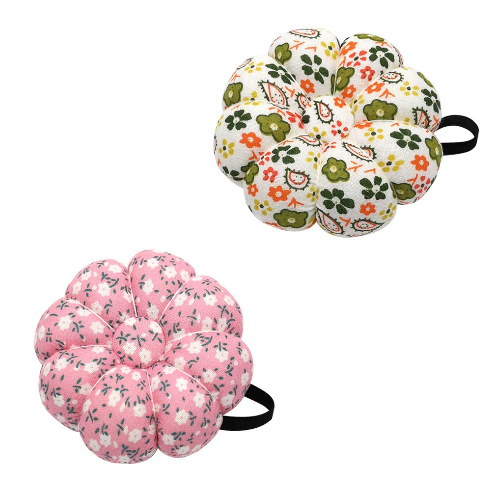 2 Pieces Wearable Wrist Pin Cushion Pumpkin Needle Insert Flower Pattern Design Pin Cushions Needle Holder for DIY Sewing Craft Needlework 2 Floral Patterns