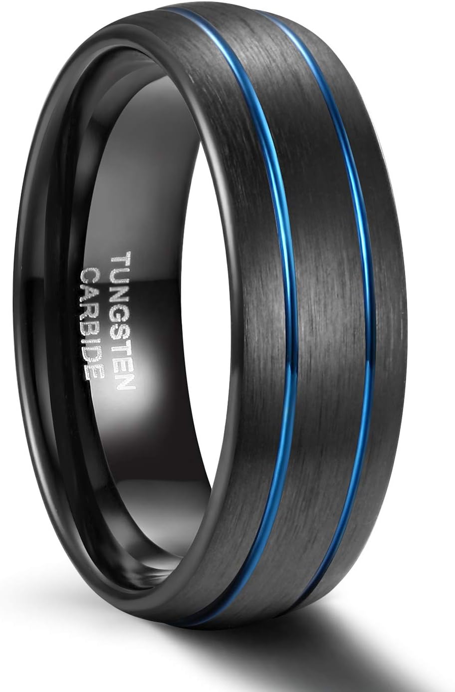 8mm Black Tungsten Ring for Men Blue/Rose Gold Thin Groove Line Dome Brushed Comfort Fit Size 7-13.5